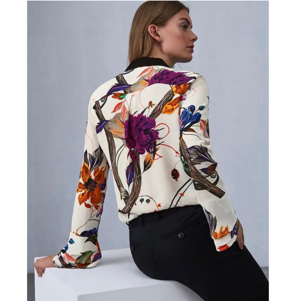 REISS Lupa Blouse US 6 Floral Botanical Print 100% Viscose Black Collar - Picture 3 of 12